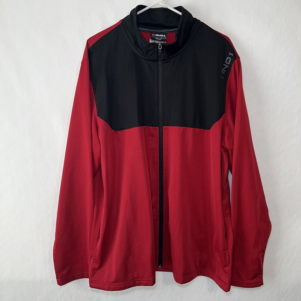 AND1 Full Zip Athletic Track Jacket Mens 2XL XXL Red Black Colorblock Pockets